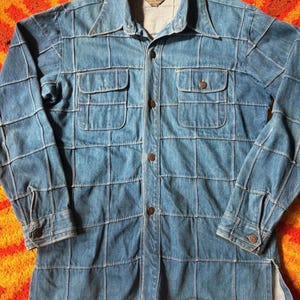 Vintage des années 70, bleu foncé, carreaux, patchwork, denim, poignard, col, chemise/veste, hippie, psych, western