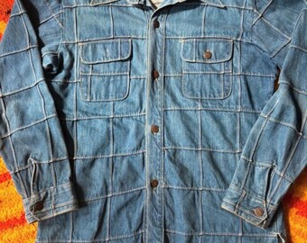 Jaren 70 vintage donkerblauwe ruit patchwork denim dolkkraag shirt/jas hippie psych western