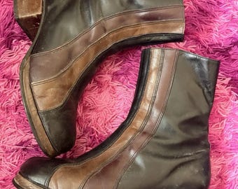 Vintage 70s Black,Brown/Burgundy Striped Leather Platform Boots UK8.5 Glam Disco Hippie