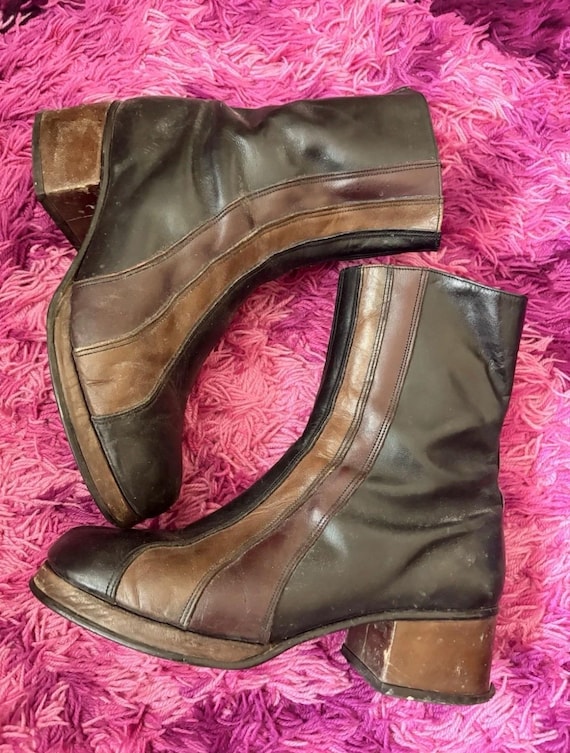 Vintage 70s Black,Brown/Burgundy Striped Leather Platform Boots UK8.5 Glam Disco Hippie