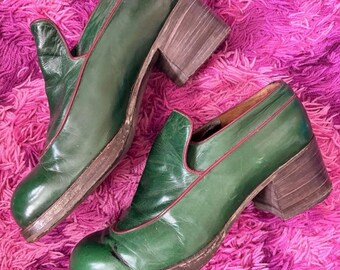 The Schnürsenkel 60er 70er Seltene Grüne Leder Plateau Schuhe Glam Dandy Mod