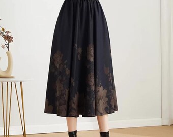 Gonna da donna in misto cotone stampato, gonna a trapezio a vita alta, gonna midi, gonna con elastico in vita