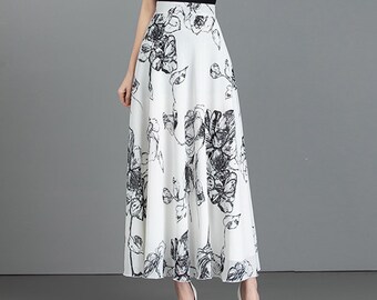 Gonna lunga in chiffon, gonna a trapezio a vita alta, gonna con elastico in vita, gonna stampata, gonna estiva X0033