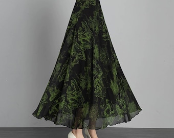 Gonna lunga in chiffon, gonna a trapezio a vita alta, gonna con elastico in vita, gonna stampata, gonna estiva X0033