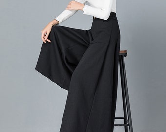 Women's cotton pants, wide leg pants, cropped pants, flare skirt pants, plus size trousers, casual customized pants P031