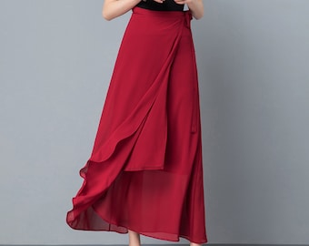 Women&#39;s wrap skirt, chiffon midi skirt, A-line skirt, long skirt, high waist skirt, flare skirt, plus size skirt, customized skirt A0014