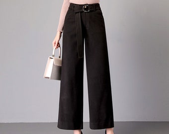 Women's casual pants, cotton pants, straight leg pants, plus size trousers, Wide leg pants, casual customized pants P035