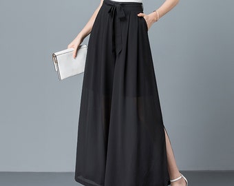 Women's Chiffon Skirt Pants, Wide Leg Pants, Black Skirt