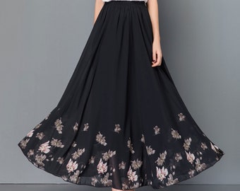 Women's Chiffon skirt, Printed skirt, Elastic waist skirt, maxi skirt, flare skirt,  high waist skirt, long skirt, A-line skirt Q0051