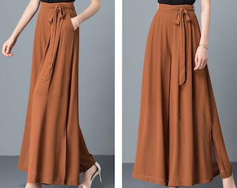 Women's chiffon skirt pants, Wide leg pants, black skirt pants, high waist, light weight pants, brown pants, customize pants P0025