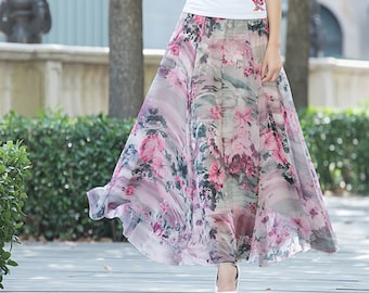 Chiffon floral skirt, Printed skirt, Elastic waist skirt, maxi skirt, flare skirt, high waist skirt, long skirt, A-line skirt  X0032