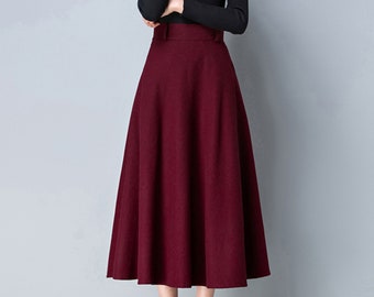 Wool skirt, midi skirt, Winter skirt, dark gray skirt, long skirt, vintage skirt, high waist skirt, flare skirt, Wool skirt with belt Q0025