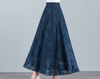 Maxi skirt women, dark blue Lace skirt, vintage skirt, high waist skirt, customized skirt, black skirt, A-line shape skirt A0022