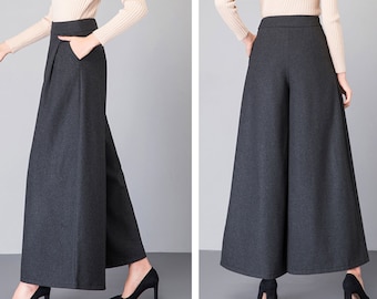 Pantalones anchos de mezcla de lana: pantalones acampanados cortos de invierno