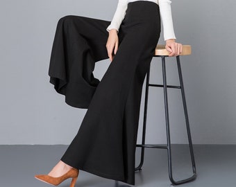 Flare pants women, cotton pants, wide leg pants, cropped pants, flare skirt pants, plus size trousers, casual customized pants P030