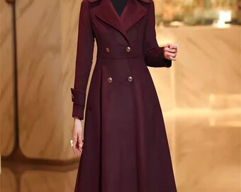 ワインレッドのウールコートドレス：ロングダブルブレストジャケット