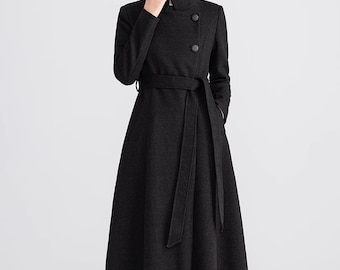 Wool Blend Long Coat Dress: High Collar Winter Jacket