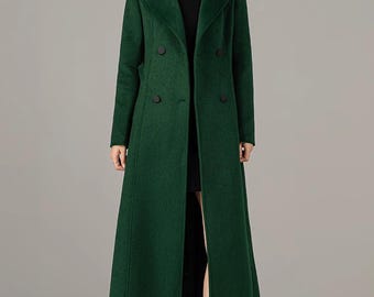 Lange wollen jas: double-breasted maxi-jurk met riem