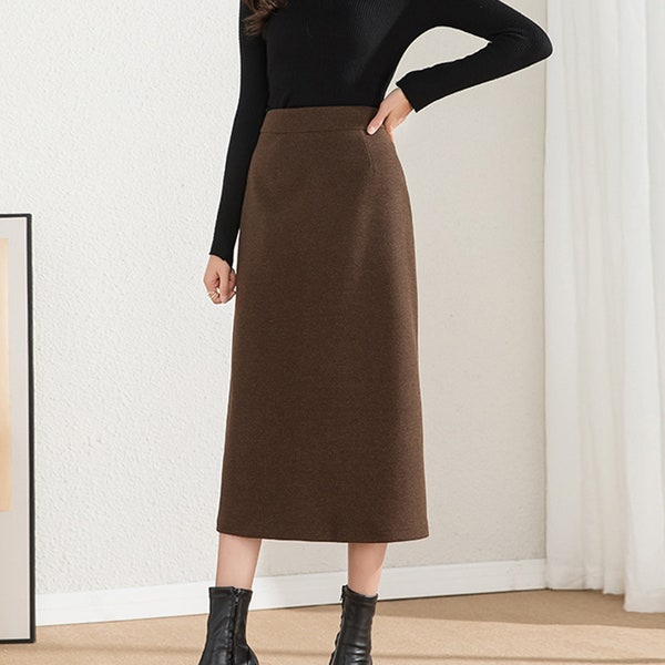 Pencil skirt, slit skirt, Winter skirt, midi skirt, wool skirt, high waist skirt, brown skirt Q0082