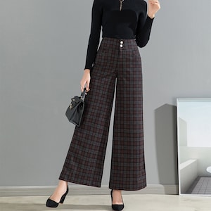 Plaid pants, Wide leg pants, cotton pants, Cropped pants, high waist pants, plus size trousers, casual customized pants, winter pants P0023