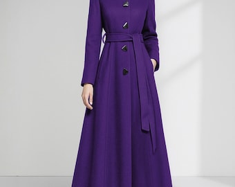 Lila Wollmischung Langer Mantel: Winterjacke mit hohem Kragen