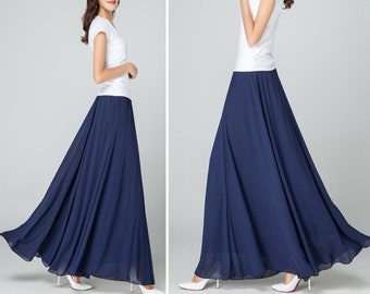 Women&#39;s chiffon skirt, Elastic waist skirt, maxi skirt, flare skirt, high waist skirt, long skirt, A-line skirt, white skirt A0012
