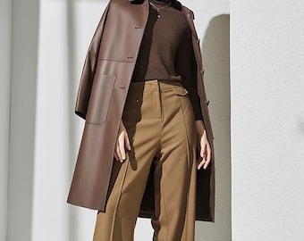 Trench da donna in similpelle, giacca in similpelle, trench lungo, giacca marrone, trench nero