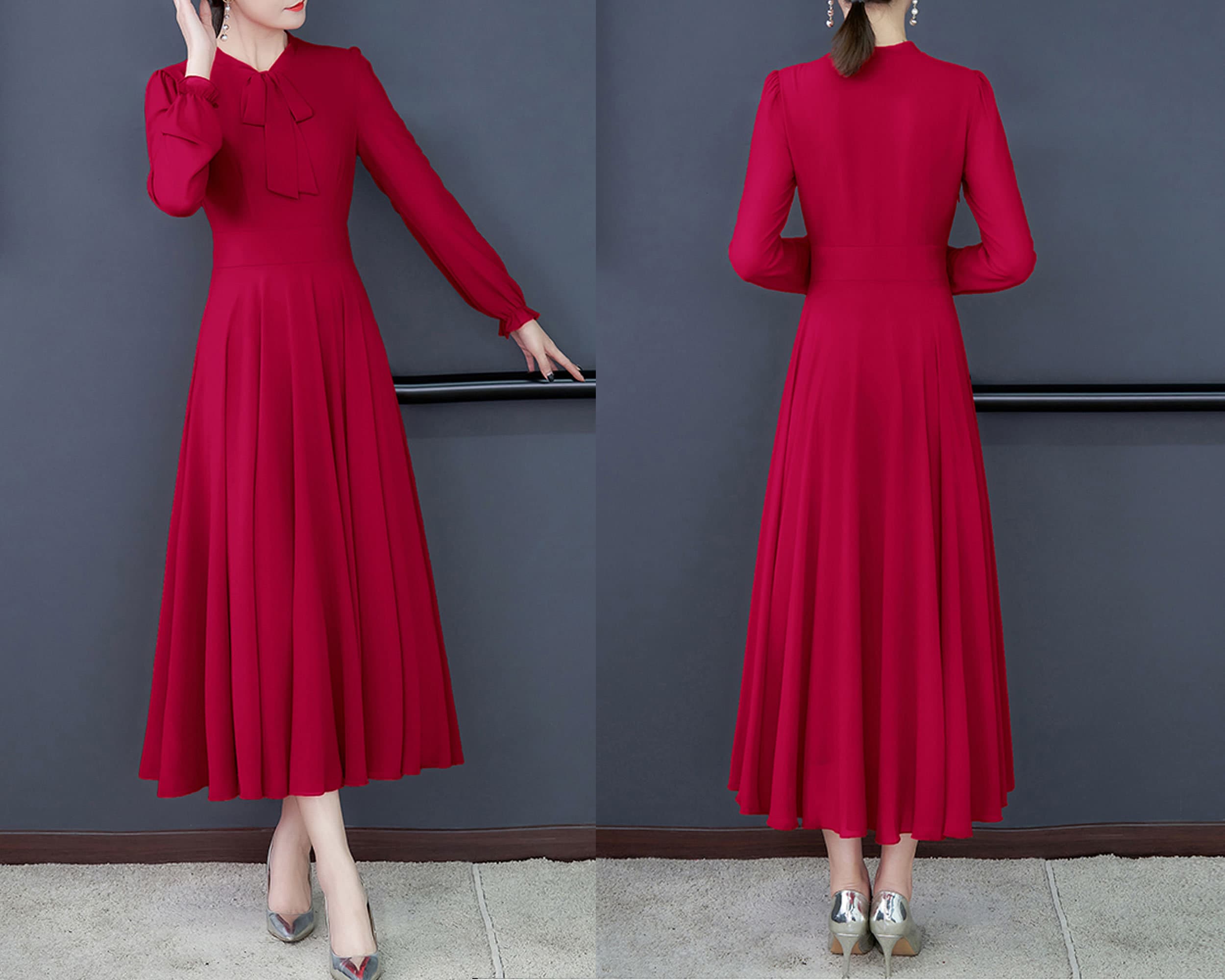 Long Sleeve Dress Women s Midi Dress Chiffon A line Dress Flare Dress Plus Size Dress Customized Dress Black Dress Q0018 Etsy Canada