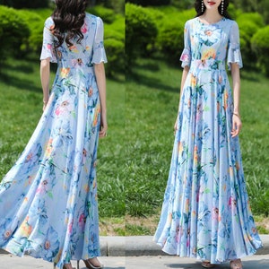 Floral dress, Maxi dress, Chiffon dress, printed dress, short sleeve dress, A-line dress, flare dress, long dress, plus size dress Q0065