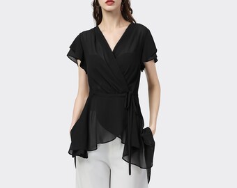 Women's chiffon top, Chiffon t-shirt, summer top, short sleeve top, top with drawstrings, plain tee, black t-shirt Y2239