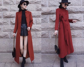 暖かい冬用マキシコート、ロングウールコート、ハイネックコート