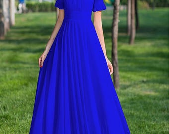 Chiffon Maxikleid: Damen A-Linie Sommerkleid mit Rundhalsausschnitt