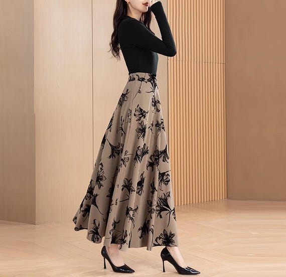【WOOHWA】COTTON POCKET LONG SK Women's Elastic Waist Skirt, Printed Skirt, Flare Skirt