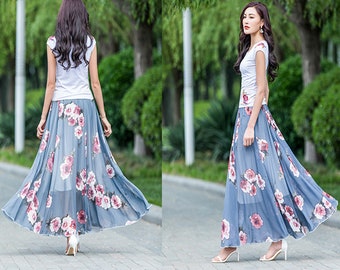 Chiffon Floral Skirt, Printed Skirt, Elastic Waist Skirt