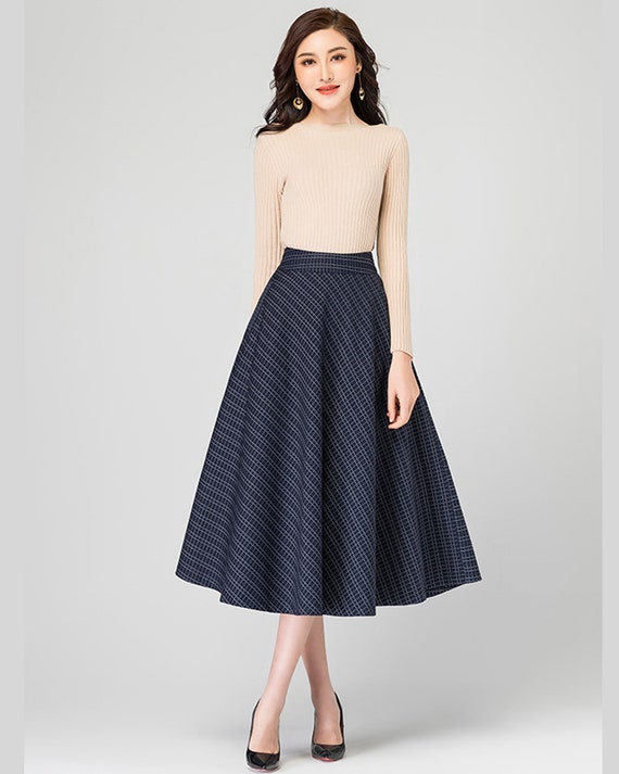 High waisted plaid skirt navy blue hotsell