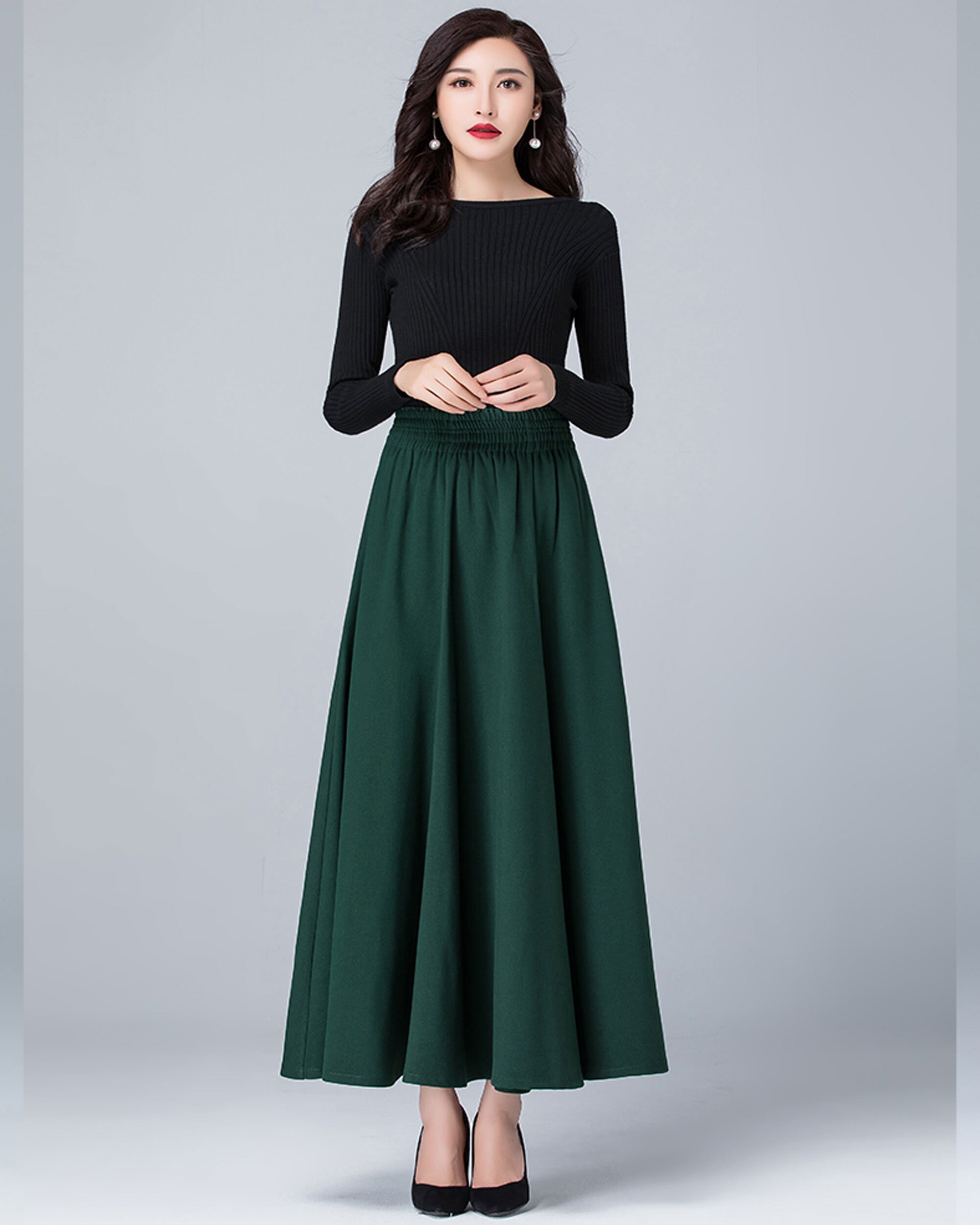 Long Skirt, Elastic Waist Skirt, Flare Skirt, Winter Skirt