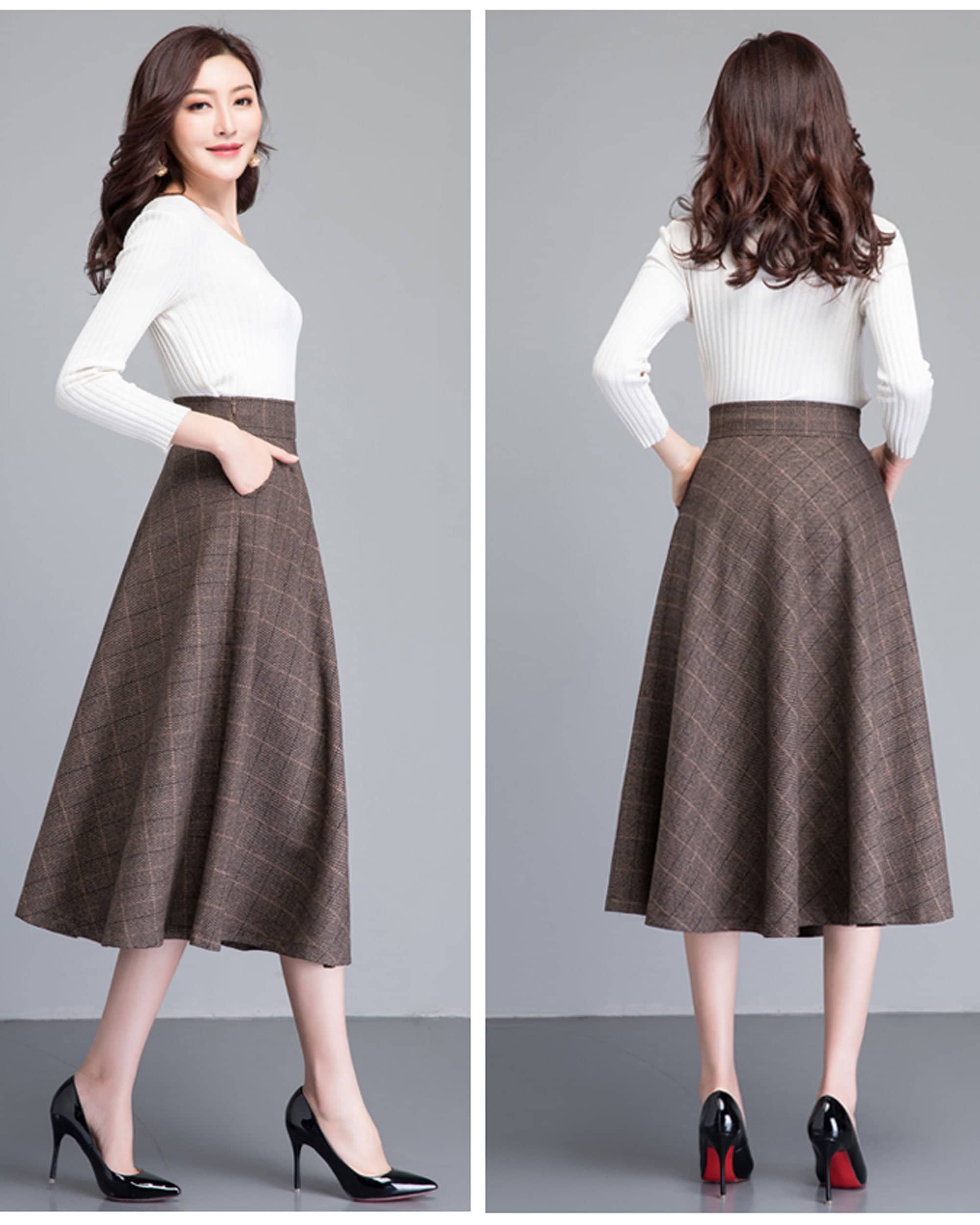スカート GREY COTTON SKIRT Woven Mid Waist Pleated Zipper Maxi Skirt With Belt For