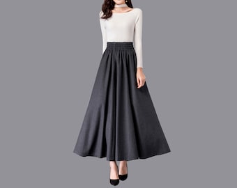 Elastic waist skirt Winter skirt, wool skirt, black skirt, long wool skirt, vintage skirt, high waist skirt, wool maxi skirt, Q008