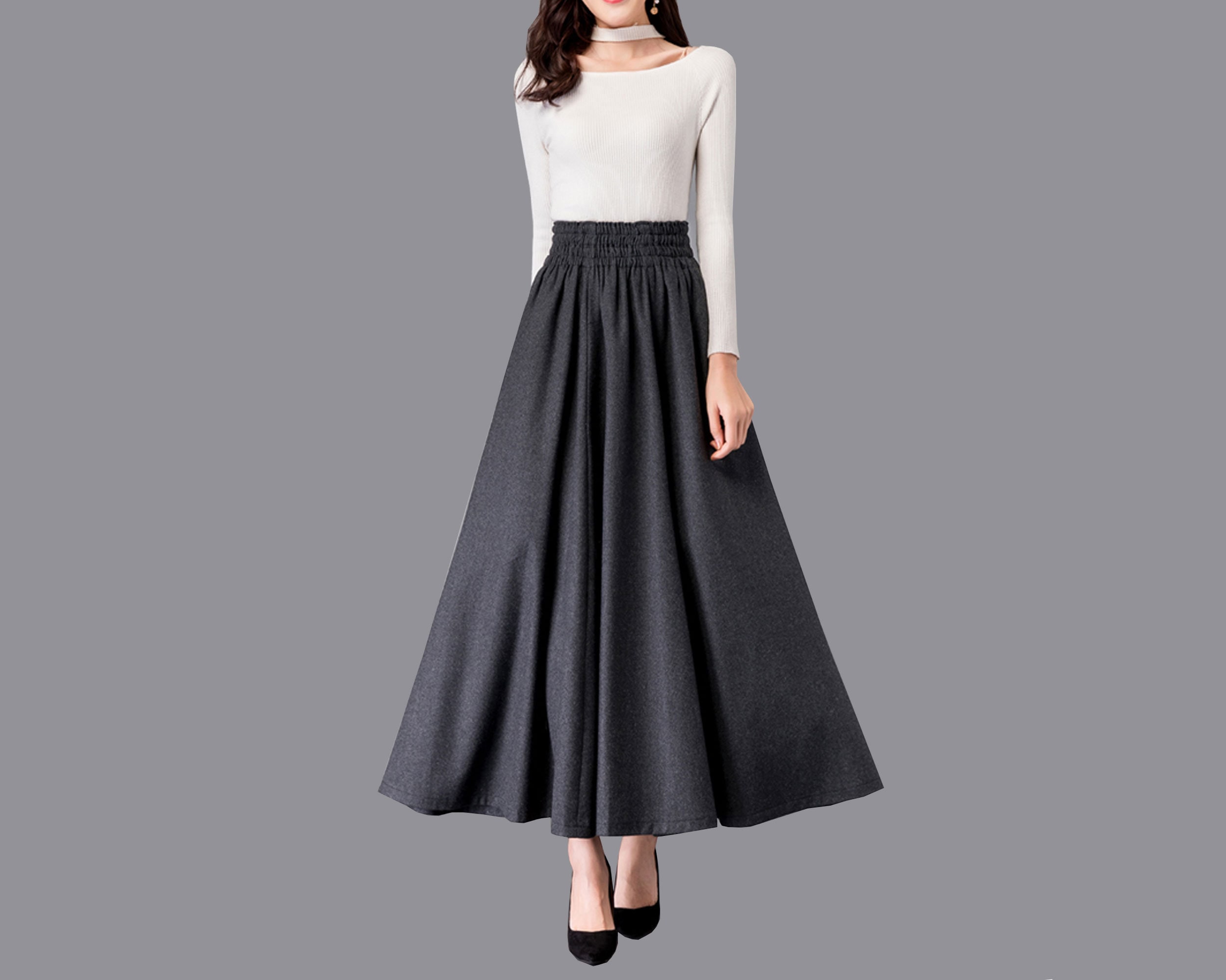 スカート Twoway Long Skirt DARK GREY Wool Skirt, Winter Skirt, Dark Gray Skirt, Long Wool Skirt