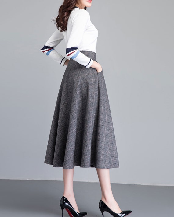 Plaid Skirt, Cotton Skirt, Midi Skirt, Winter Skirt, Dark