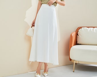 Elegant White A-Line Midi Skirt: Cotton Blend Spring Skirt
