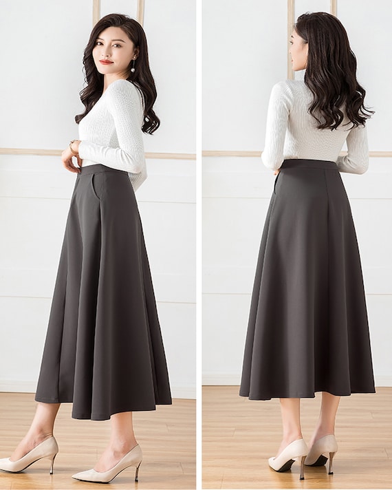 High Waist Skirt, A-line Skirt, Midi Skirt, Spring Skirt, Black