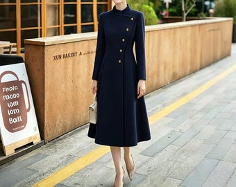 Cappotto midi da donna in lana, giacca invernale con collo alto, abito lungo, cappotto blu scuro, cappotto nero, soprabito invernale Y0098