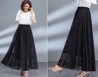Butterfly Print Chiffon Maxi Skirt: Elastic Waist A-Line Flare