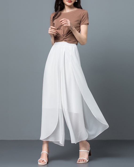 Summer Pants, Wide Leg Pants, Women's Chiffon Pants, Black Skirt Pants,  High Waist, Light Weight Pants, Customize Pants P0027 