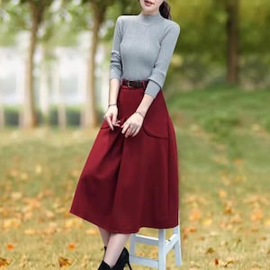 Wool skirt, midi skirt, Winter skirt, dark gray skirt, long skirt, vintage skirt, high waist skirt, flare skirt, Wool skirt with belt Q0050