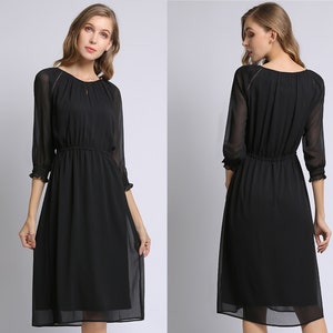 Womens black dress, Midi dress, Chiffon dress, half sleeve dress, A-line dress, loose fit dress, summer dress, crewneck dress Q0037