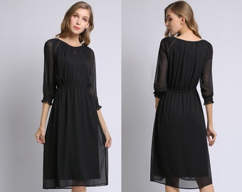 Womens black dress, Midi dress, Chiffon dress, half sleeve dress, A-line dress, loose fit dress, summer dress, crewneck dress Q0037