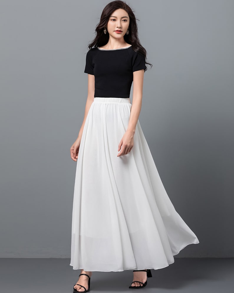 Women's maxi skirt, Elastic waist skirt, flare skirt, chiffon skirt, high waist skirt, long skirt, A-line skirt, white skirt A0012 image 1