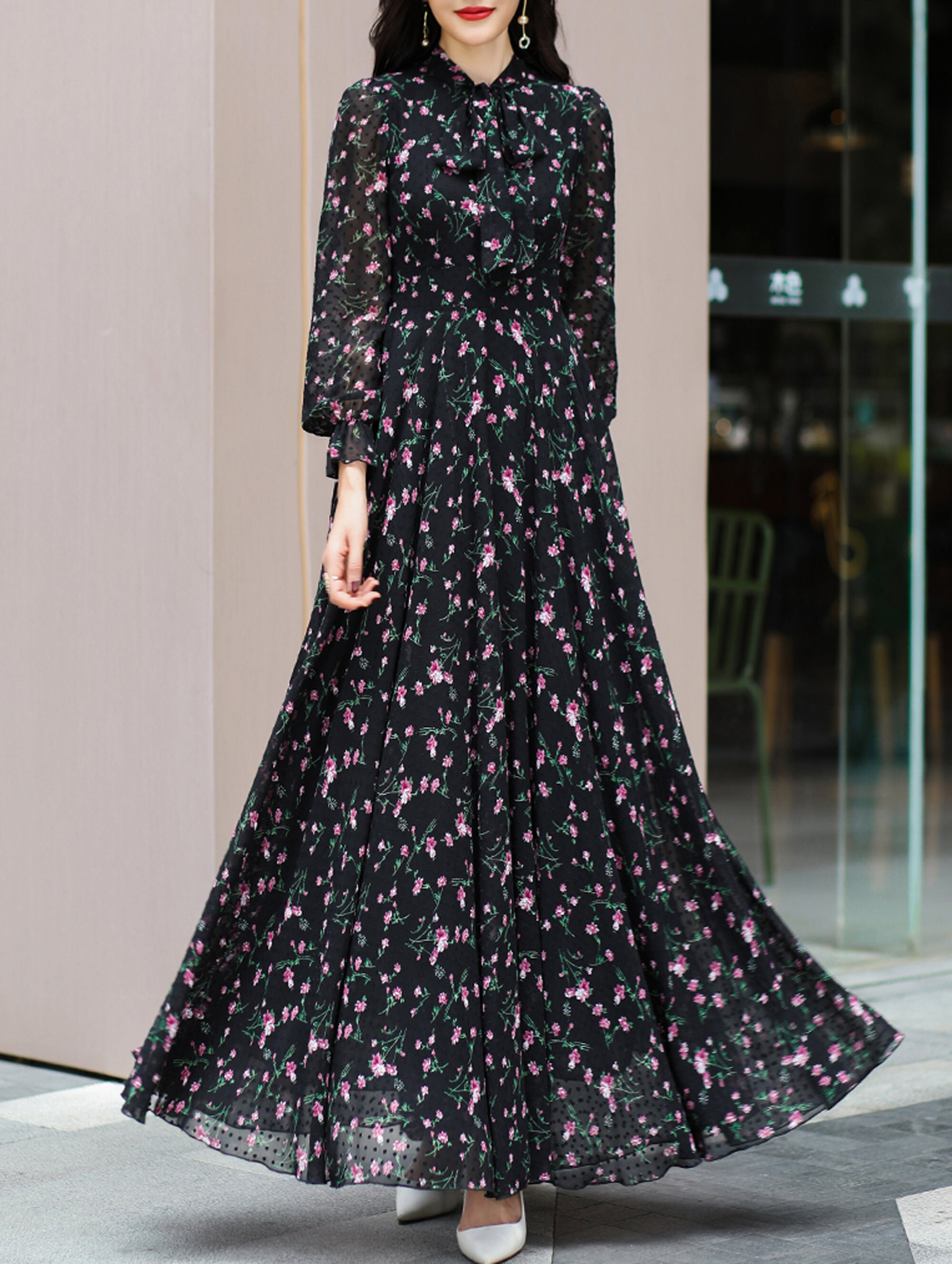 Polka Dot Chiffon Maxi Dress: Long Sleeve A-Line